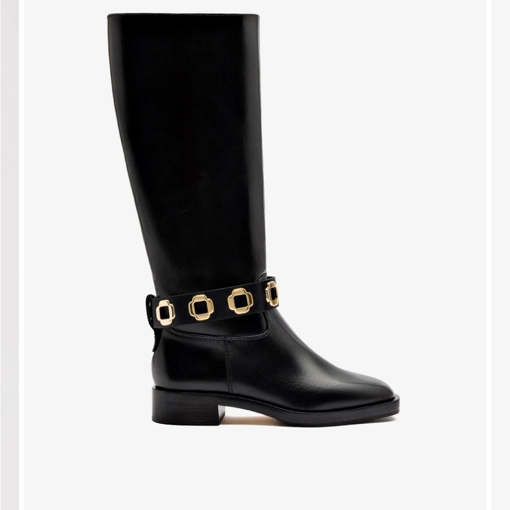 LARROUDÉ “Milan” Black Leather Flat Gold Boots 7